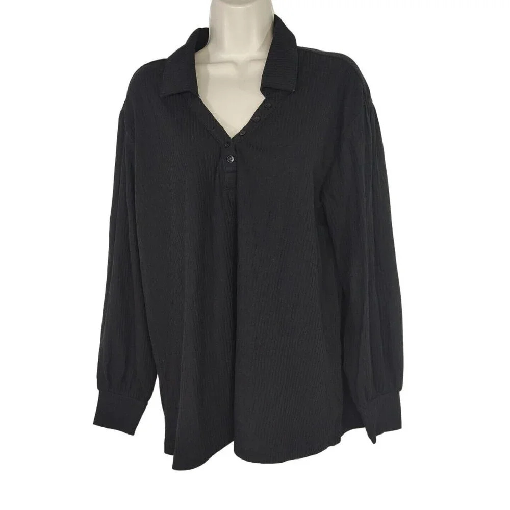 Open Edit Black Ribbed Knit Top Women Size M Long Sleeve Collared
